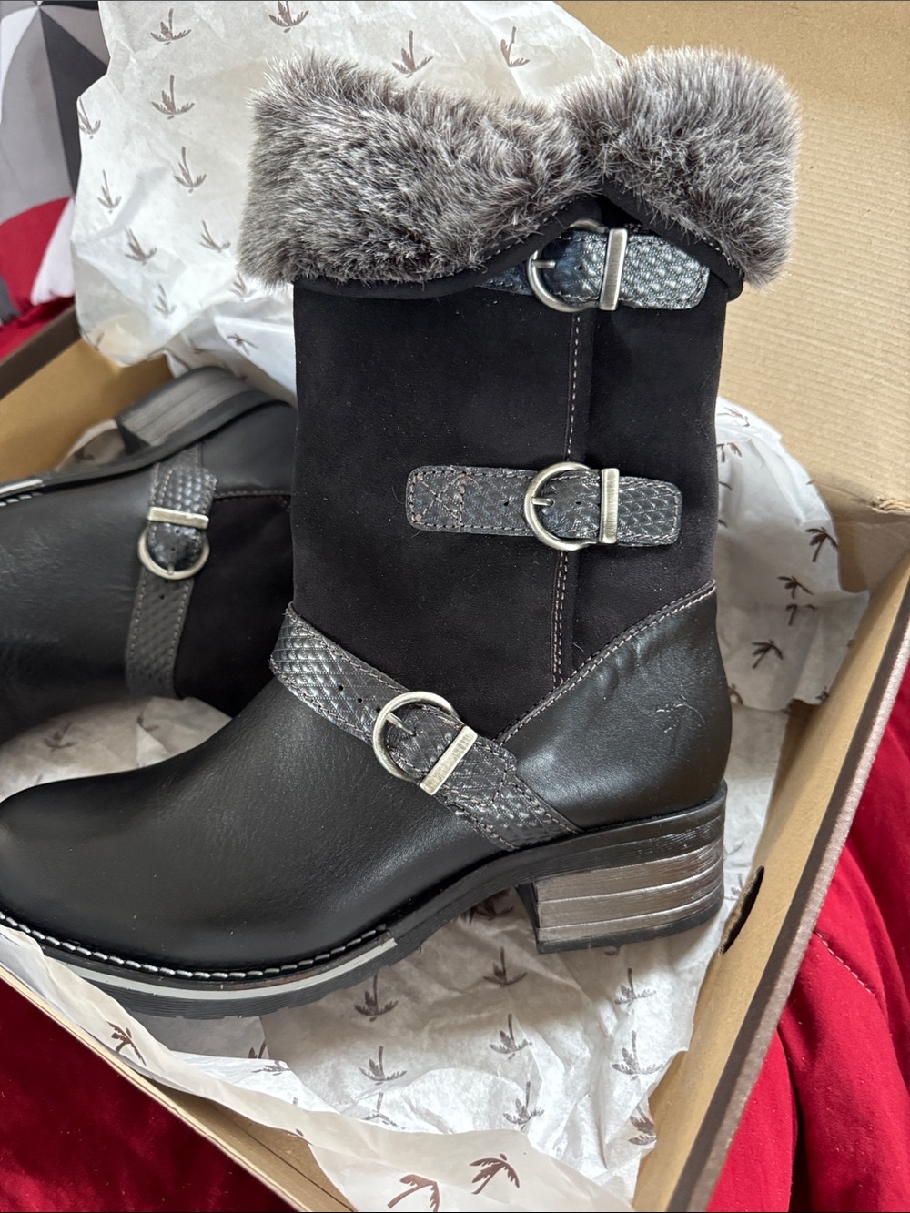 Dromedaris Faux-Fur Trim Black Women’s Buckle Mid-Calf Heeled Boots